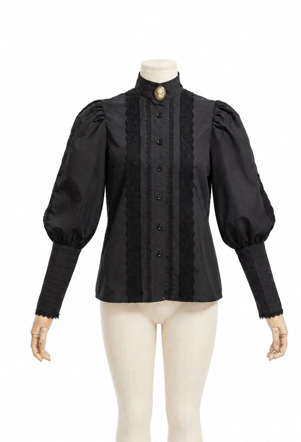Blusa Medieval Eduardiana de Mangas Abullonadas Daizbella Blusa Negra de Encaje con Broche