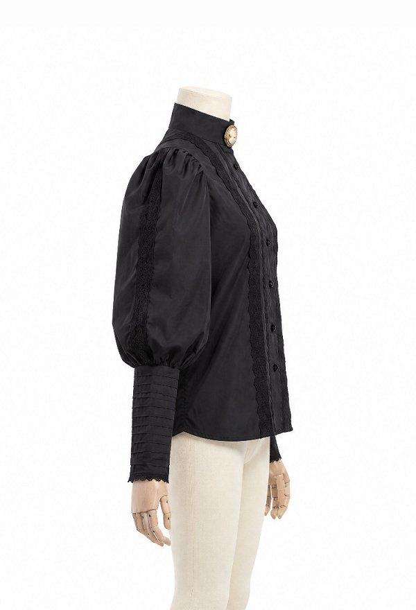 Blusa Medieval Eduardiana de Mangas Abullonadas Daizbella Blusa Negra de Encaje con Broche