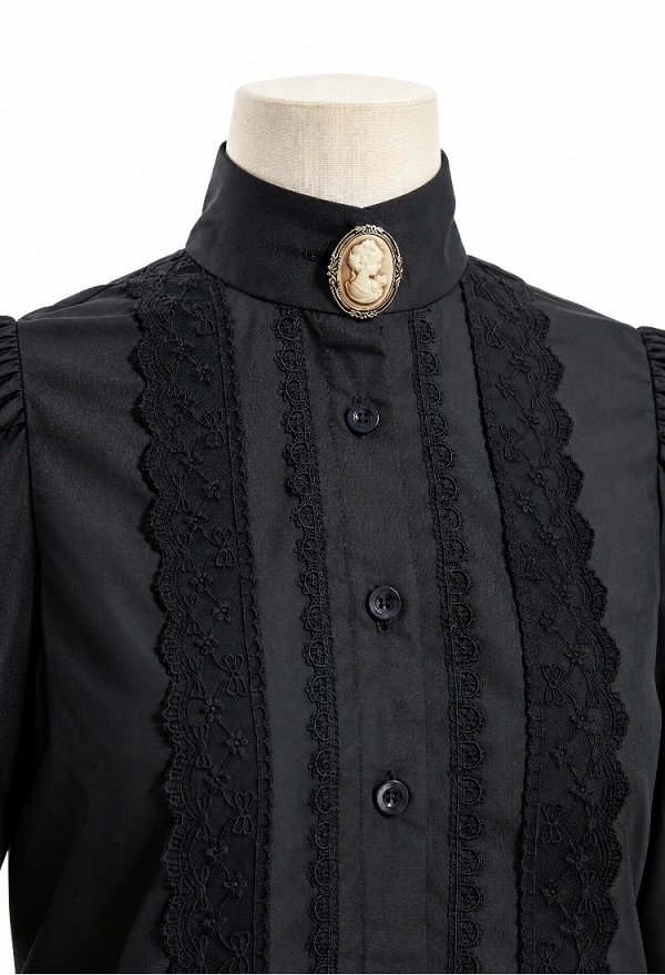Blusa Medieval Eduardiana de Mangas Abullonadas Daizbella Blusa Negra de Encaje con Broche