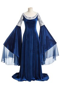 Daizbella The Lord of the Rings Medieval Blue-Grey Coronation Dress Renaissance Elf Style Velvet Lace Trim Dress