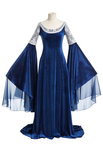 Daizbella The Lord of the Rings Medieval Blue-Grey Coronation Dress Renaissance Elf Style Velvet Lace Trim Dress