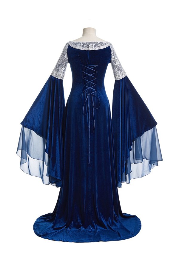 Daizbella The Lord of the Rings Medieval Blue-Grey Coronation Dress Renaissance Elf Style Velvet Lace Trim Dress
