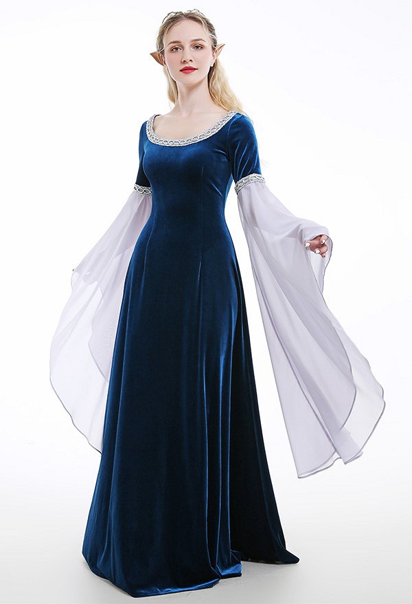 Traje Medieval Vestido Histórico Hecho a Mano Vestido Retro Elfo de Hadas Terciopelo Azul Oscuro con Mangas de Gasa