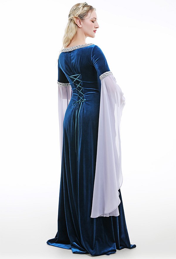 Traje Medieval Vestido Histórico Hecho a Mano Vestido Retro Elfo de Hadas Terciopelo Azul Oscuro con Mangas de Gasa