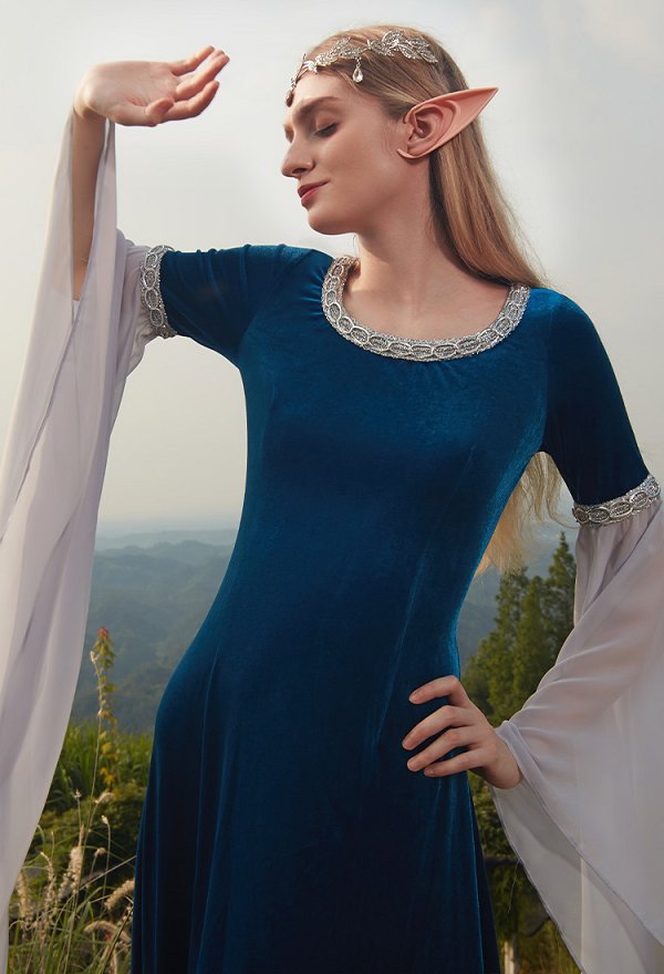 Traje Medieval Vestido Histórico Hecho a Mano Vestido Retro Elfo de Hadas Terciopelo Azul Oscuro con Mangas de Gasa