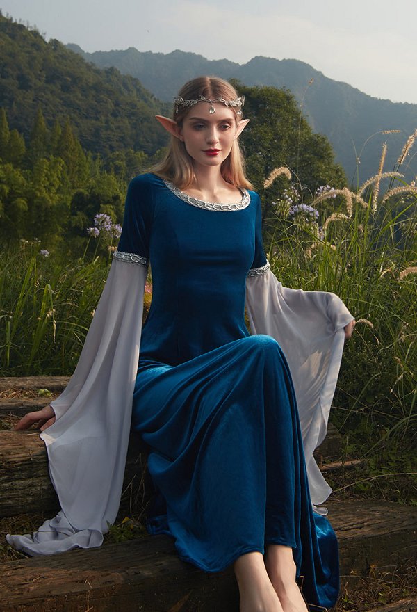 Traje Medieval Vestido Histórico Hecho a Mano Vestido Retro Elfo de Hadas Terciopelo Azul Oscuro con Mangas de Gasa