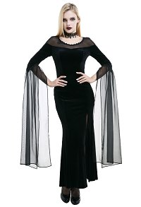 Gothic Victorian Devil Queen Bridal Dress Mystery Shrouded Black Velvet Long Tulle Sleeve Flared See Through Halloween Wedding Dress