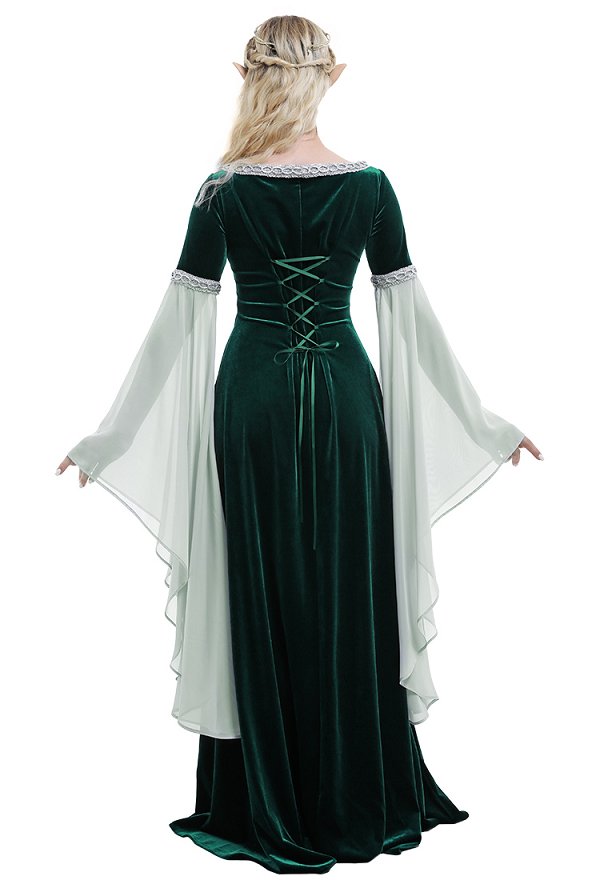 Medieval Costume Historical Dress Retro Fairy Elf Dark Green Velvet Gown with Chiffon Sleeves Medieval Costume Historical Dress Retro Fairy Elf Dark Green Velvet Gown with Chiffon Sleeves
