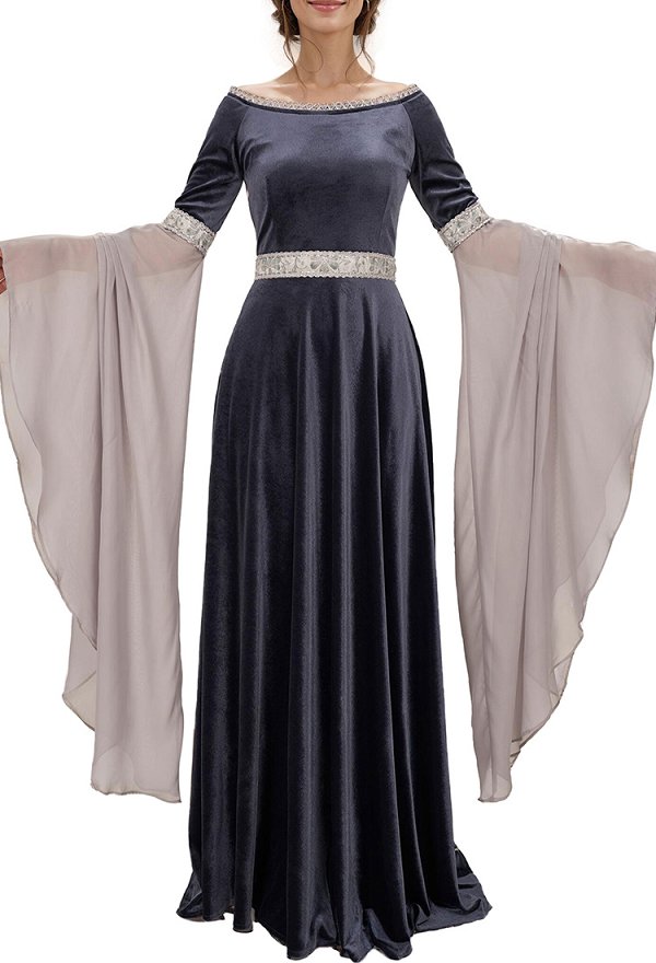 Medieval Fantasy Dress Grey Retro Costume Forest Fairy Elf Velvet Gown Medieval Fantasy Dress Grey Retro Costume Forest Fairy Elf Velvet Gown