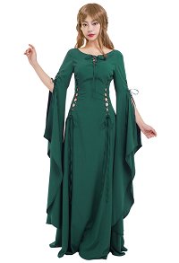 Mittelalter Gefälschtes Kleid Dunkel Grün Renaissance Handgemacht Natürliches Kleid mit langen ausgestellten ärmeln