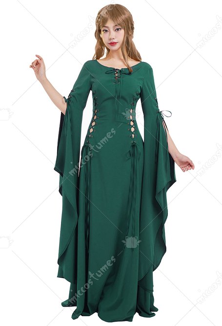Mittelalter Gefälschtes Kleid Dunkel Grün Renaissance Handgemacht Natürliches Kleid mit langen ausgestellten ärmeln