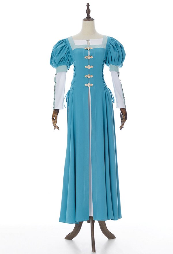 Disfraz de Cosplay Vestido Medieval Renacentista de Dos Piezas Falso con Manga Abullonada Turquesa