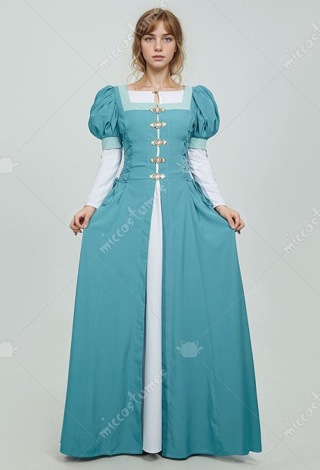 Mittelalterliches Renaissance Kostüm Vintage Retro blau grün Puffärmel gefälschtes zweiteiliges Kleid