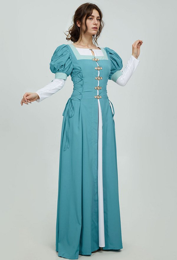 Disfraz de Cosplay Vestido Medieval Renacentista de Dos Piezas Falso con Manga Abullonada Turquesa