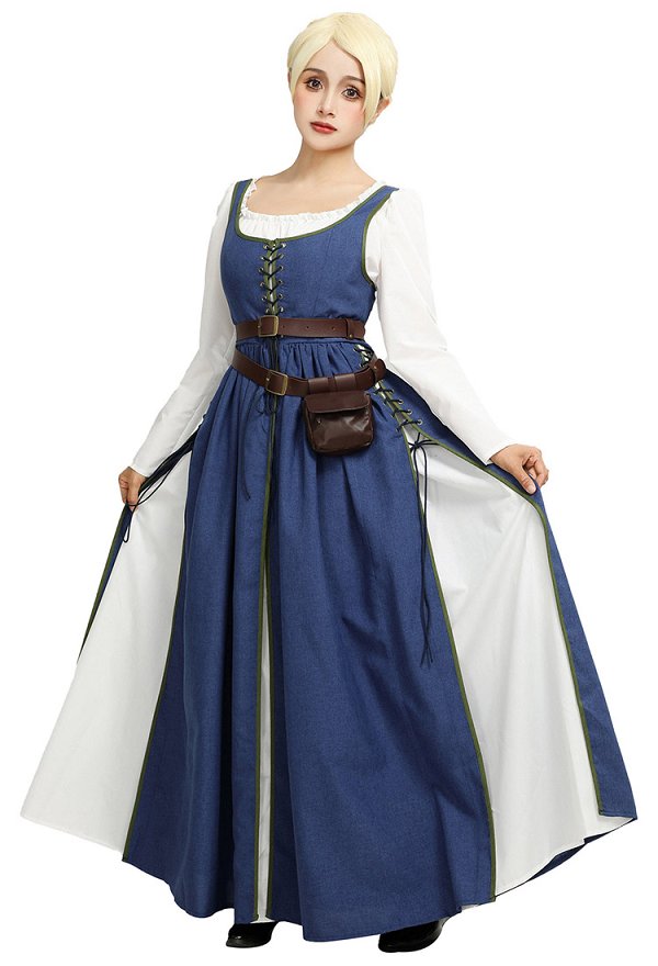 Medieval Renaissance Dress Vintage Long Dress with Belt and Waist Bag Cosplay Costume Medieval Renaissance Dress Vintage Long Dress with Belt and Waist Bag Cosplay Costume