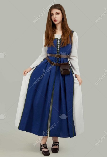 Robe de Renaissance Médiévale Robe Longue Vintage avec Ceinture et Sac de Taille