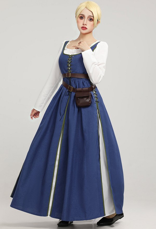 Medieval Renaissance Dress Vintage Long Dress with Belt and Waist Bag Cosplay Costume Medieval Renaissance Dress Vintage Long Dress with Belt and Waist Bag Cosplay Costume
