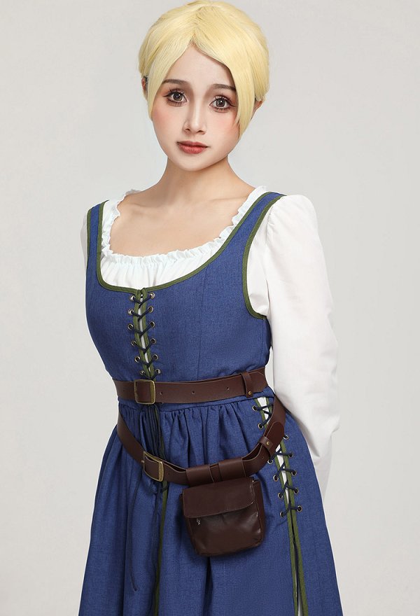 Medieval Renaissance Dress Vintage Long Dress with Belt and Waist Bag Cosplay Costume Medieval Renaissance Dress Vintage Long Dress with Belt and Waist Bag Cosplay Costume
