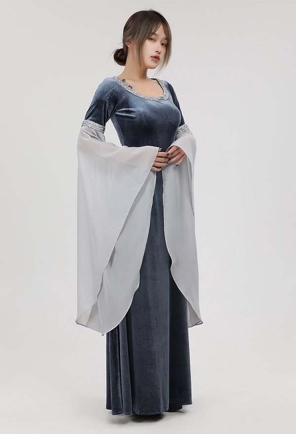 Disfraz de Cosplay Vestido Vintage Medieval Hecho a Mano, Ropaje Gris de Terciopelo de Elfo de Hadas del Bosque Disfraz de Cosplay Vestido Vintage Medieval Hecho a Mano, Ropaje Gris de Terciopelo de Elfo de Hadas del Bosque