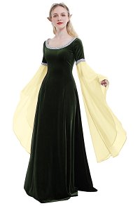 Renaissance Robe Médiévale Faite à la Main Vintage Forêt Fée Elfe Velours Dos à Lacets Robe de Soirée Verte
