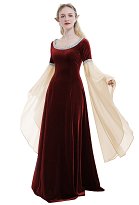 Vestido Medieval Hecho a Mano Ropa Retro de Hada del Bosque en Terciopelo Rojo Vino