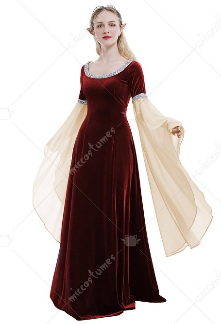 Vestido Medieval Hecho a Mano Ropa Retro de Hada del Bosque en Terciopelo Rojo Vino