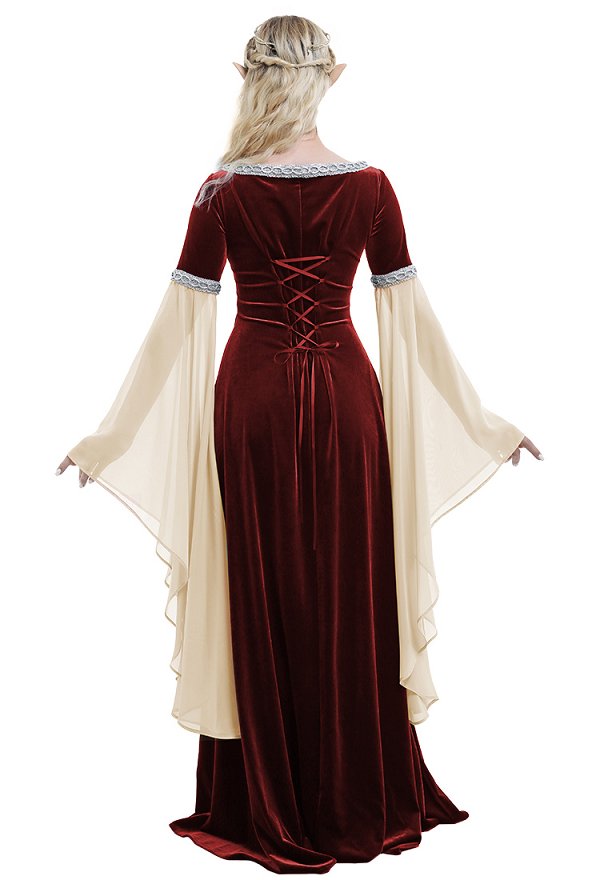 Vestido Medieval Hecho a Mano Ropa Retro de Hada del Bosque en Terciopelo Rojo Vino
