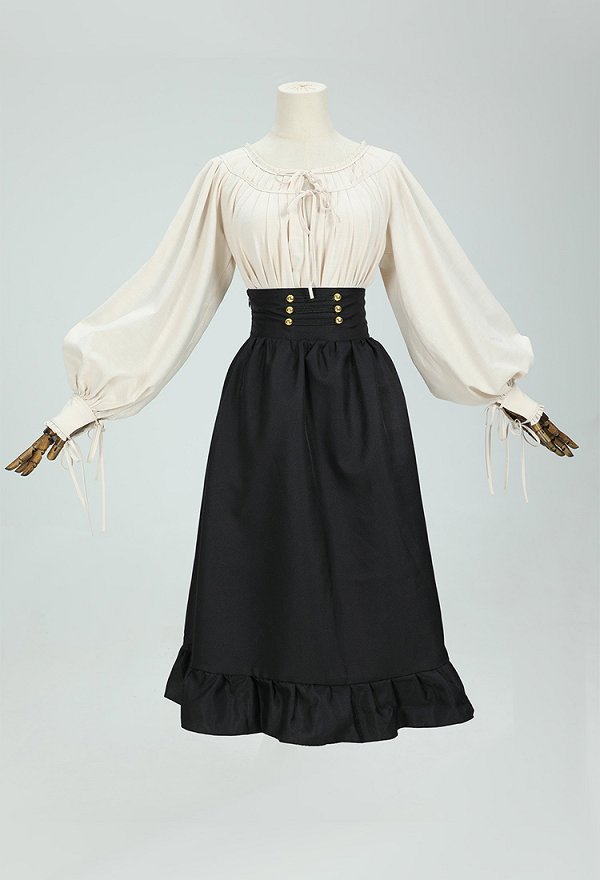 Camisa de señora medieval con pliegues en el borde y mangas anchas
