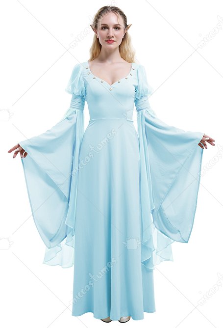 Vestido de Elfo Medieval Vintage de Hada de las Flores Vestido Largo Retro Azul Claro