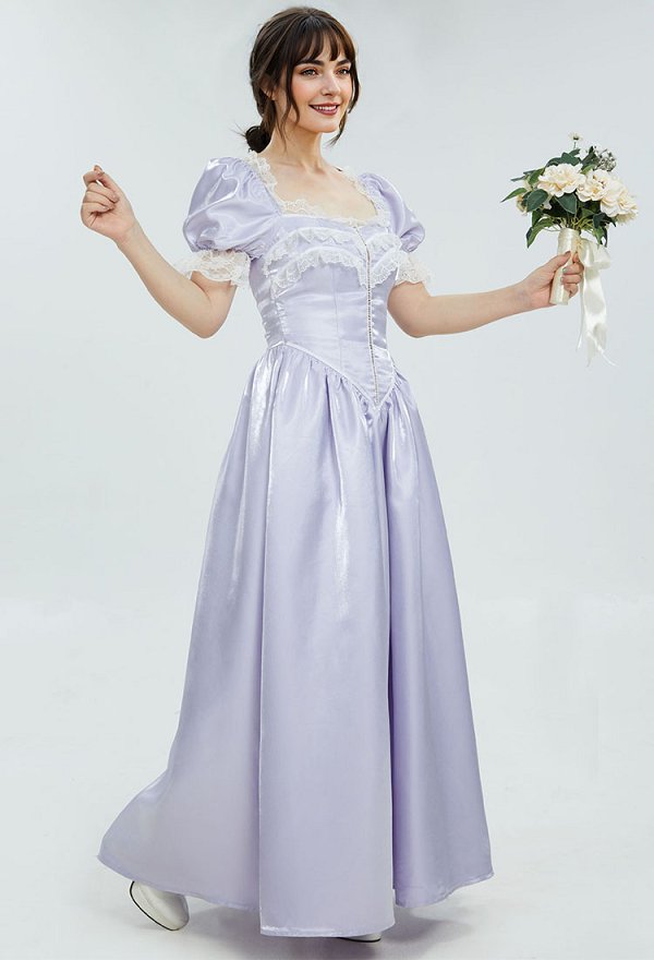 Medieval Renaissance Princess Dress Purple Puff Sleeves Lace Trim Dress Gown Cosplay Costume