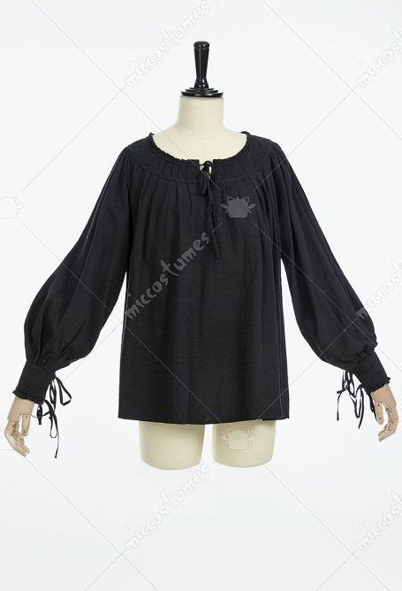 Mittelalterliche Renaissance Vintage Schwarze Bluse mit Langen Ärmeln Schnüren für Damen