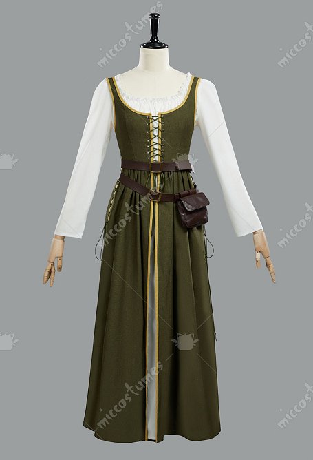 Vestido Medieval Renacimiento Verde Oliva Vestido Largo Vintage con Cinturón y Riñonera