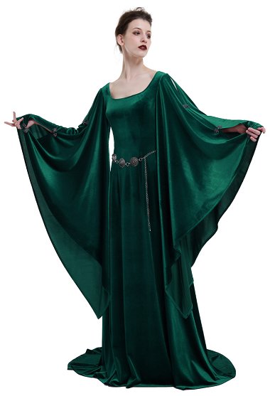 Medieval Costume Vintage Historical Dress Retro Dark Green Velvet Celtic Gown with Wide Sleeves