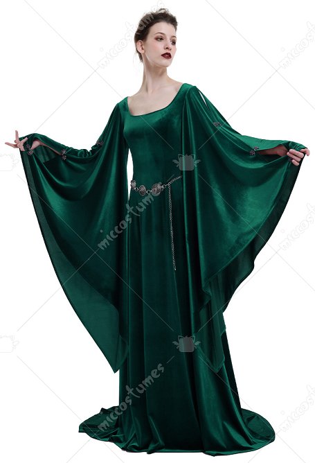 Mittelalterliches Kostüm Vintage Kleid Retro dunkelgrünes keltisches Samtkleid mit weiten Ärmeln
