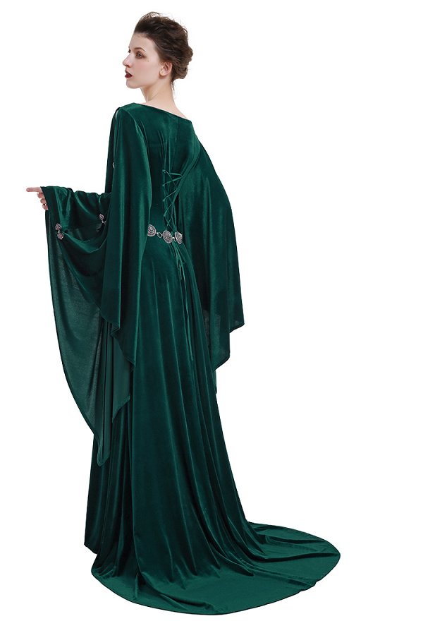 Medieval Costume Vintage Historical Dress Retro Dark Green Velvet Celtic Gown with Wide Sleeves