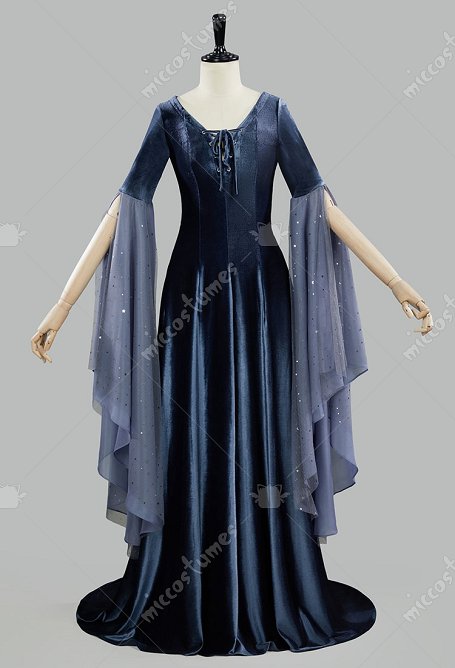 Disfraz Renacimiento Medieval Estilo Hada Vestido Largo Encaje Terciopelo Gris