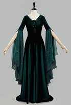 Renacentista Medieval Elfa Vestido largo con cordones de terciopelo verde Renacentista Medieval Elfa Vestido largo con cordones de terciopelo verde