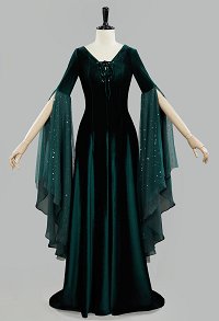 Medieval Renaissance Costume Elf Style Dark Green Velvet Long Lace-up Dress