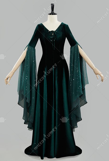 Renacentista Medieval Elfa Vestido largo con cordones de terciopelo verde