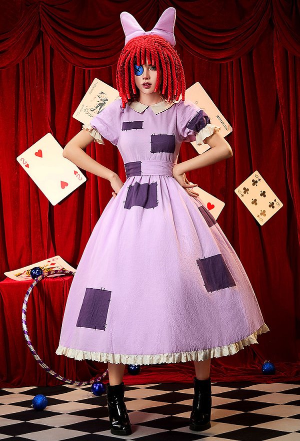 TADC Ragatha Cosplay Costume Robe patchwork violette avec ceinture et accessoires pour cheveux tressés