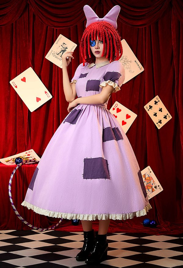 TADC Ragatha Cosplay Costume Robe patchwork violette avec ceinture et accessoires pour cheveux tressés