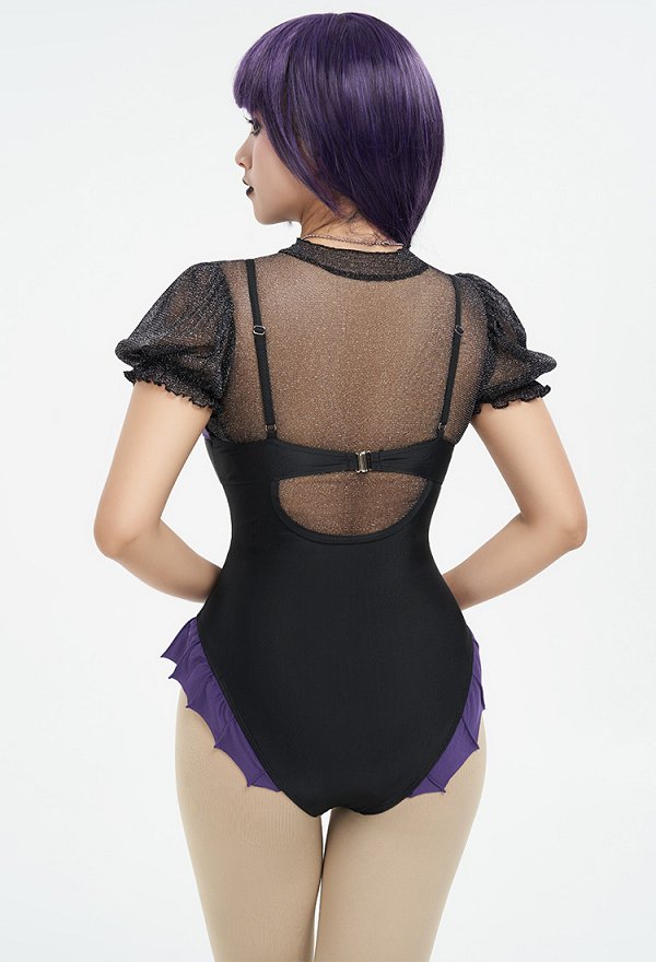 Elissabat Derivative Swimsuit Gothic Dark Style Net Yarn Spliced Lace-Up One-Piece Bathing Suit Tummy Control Swimwear