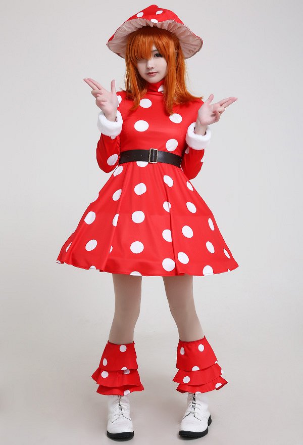 MHA Kinoko Komori Shemage Cosplay Costume Red Mushroom Turtleneck Dress White Fly Agaric Pattern Outfit with Hat