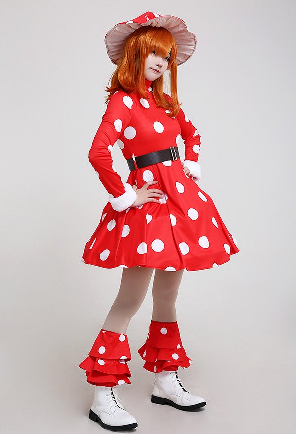MHA Kinoko Komori Shemage Cosplay Costume Red Mushroom Turtleneck Dress White Fly Agaric Pattern Outfit with Hat