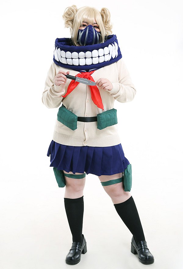 Plus Size MHA League of Villains Himiko Toga JK School Uniform Sweater Curvy Cosplay Costume with Mask and Waist Bag