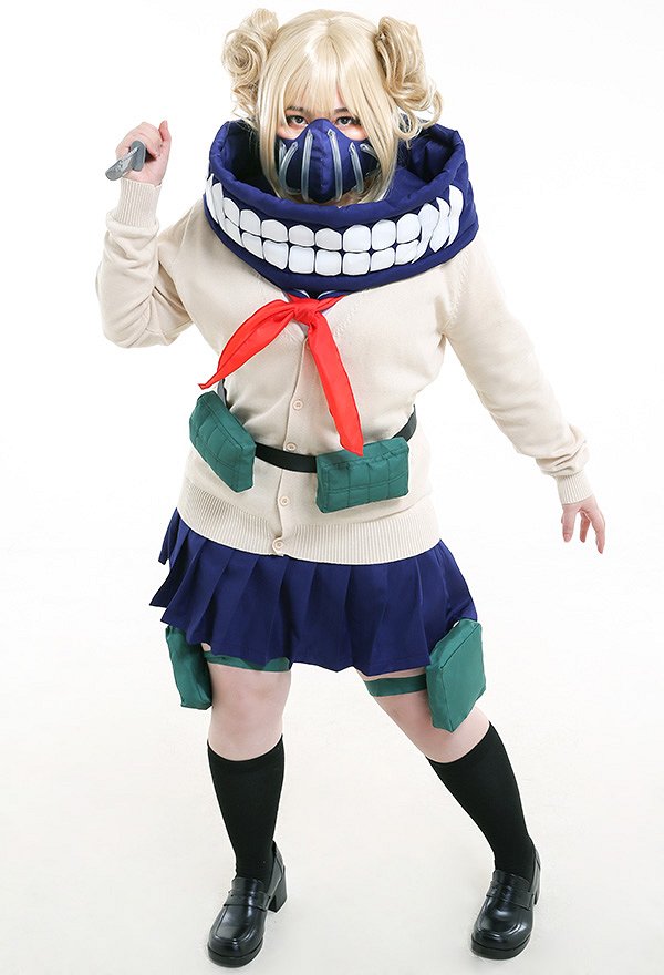 Plus Size MHA League of Villains Himiko Toga JK School Uniform Sweater Curvy Cosplay Costume with Mask and Waist Bag