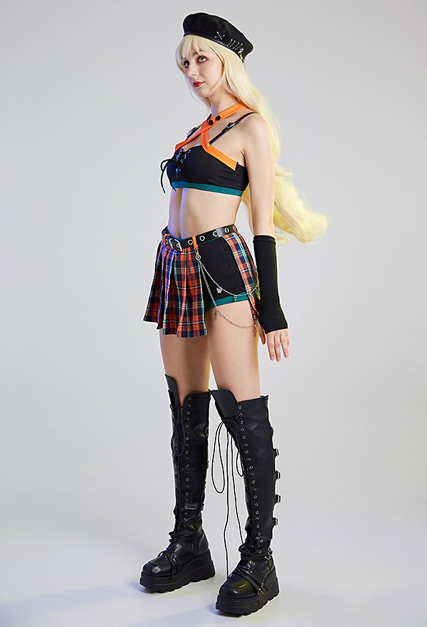 Women Gothic Summer Suit Clubwear Party Set Bakugo Derivative Punk Short Halter Top and Plaid Skorts with Gloves and Belt