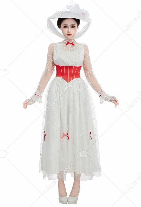 Mary Poppins Cosplay Costume Robe blanche avec chapeau et gants