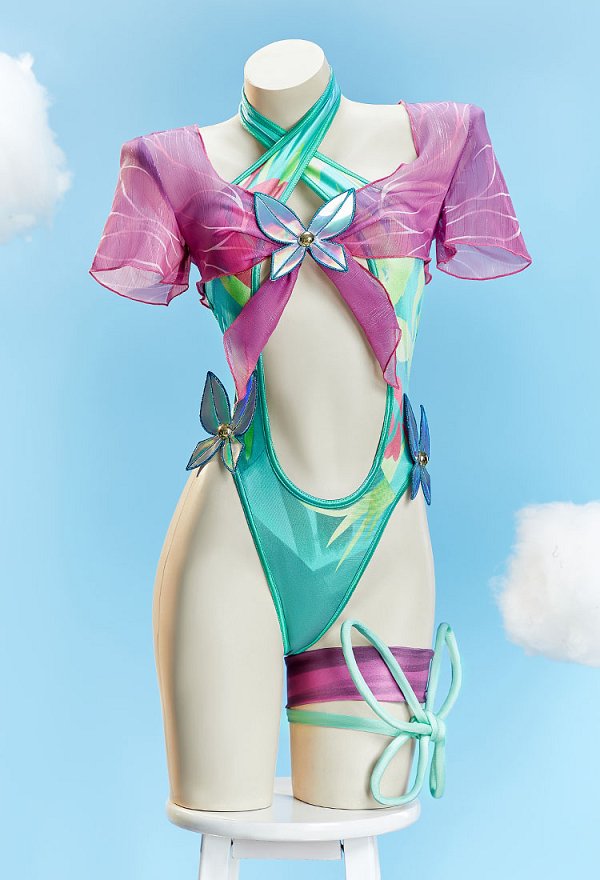 Marvel Rivals Psylocke Derivado Traje de baño enterizo sexy con estampado de cuello halter con aberturas con pareo y adornos de mariposas