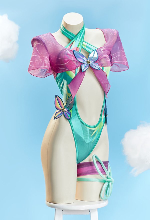 Marvel Rivals Psylocke Derivado Traje de baño enterizo sexy con estampado de cuello halter con aberturas con pareo y adornos de mariposas